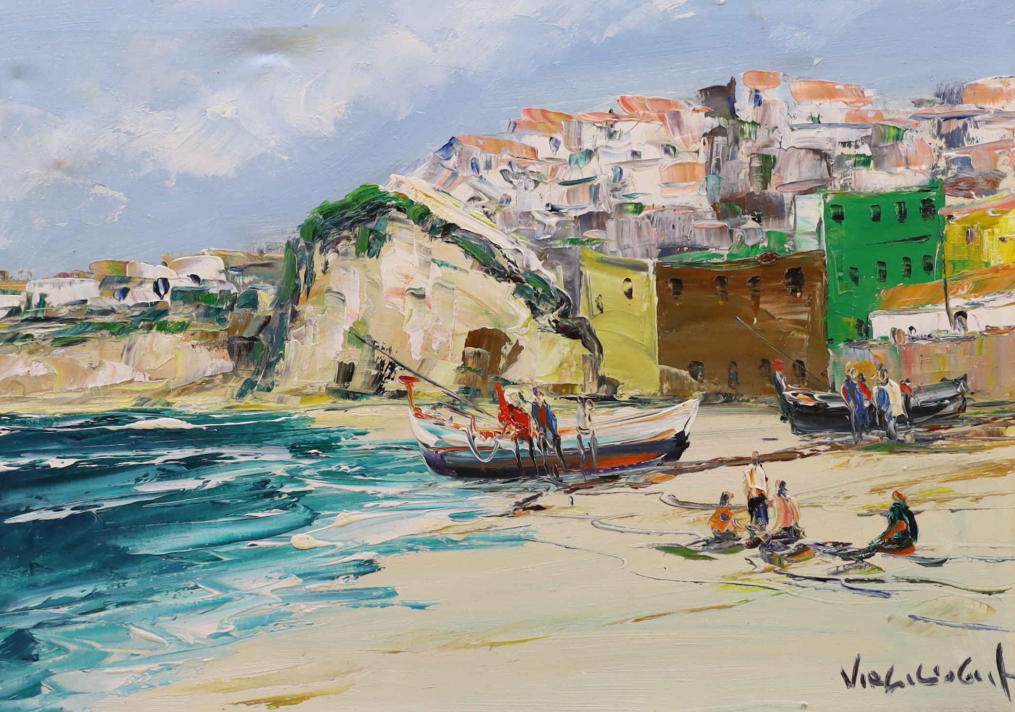 Spanish School, oil on canvas, Fisherfolk on the beach, indistinctly signed, 40 x 55cm, unframed
